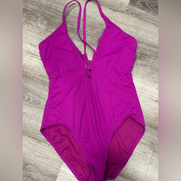 Purple One Piece Swimsuit with Plunging Neckline and Adjustable Straps - Picture 1 of 4